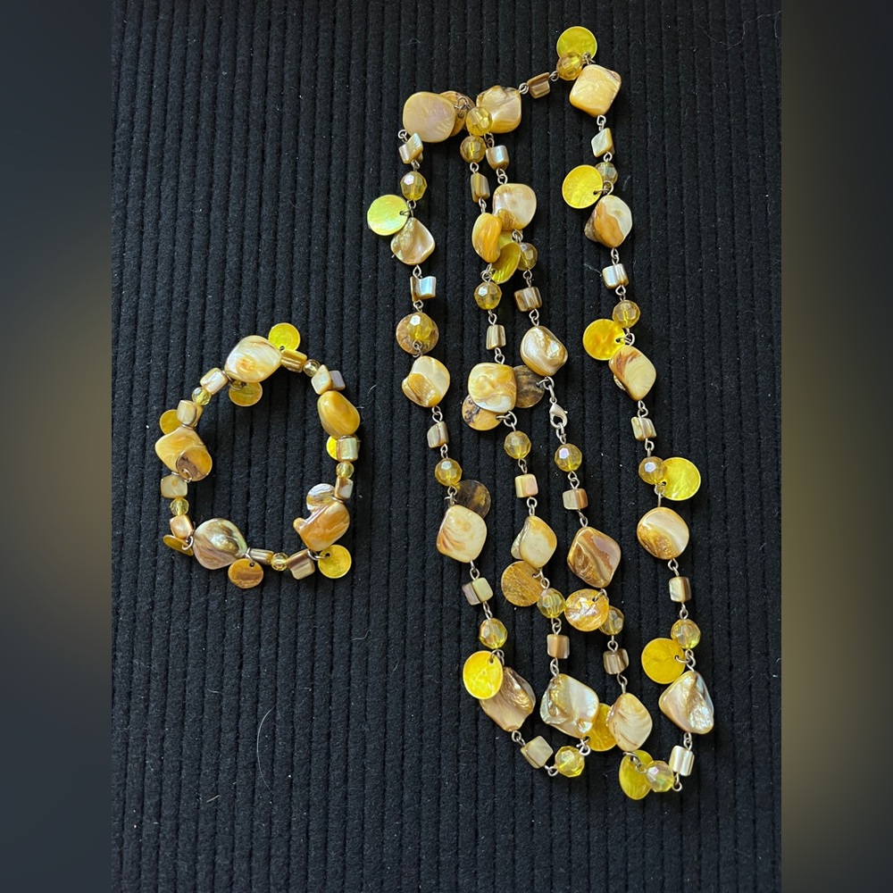 Abalone Seashell Yellow Bead Necklace stretch Bracelet Set New